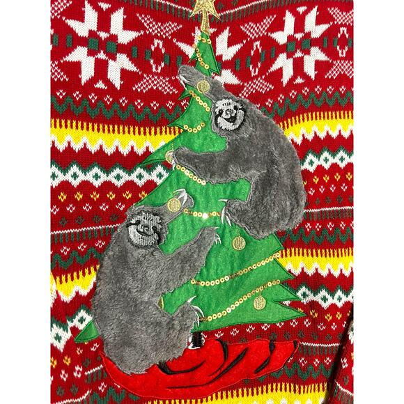 Christmas Ugly Sweater Sloth Tree Unisex Embroidered Holiday Party Size Large - Picture 2 of 9